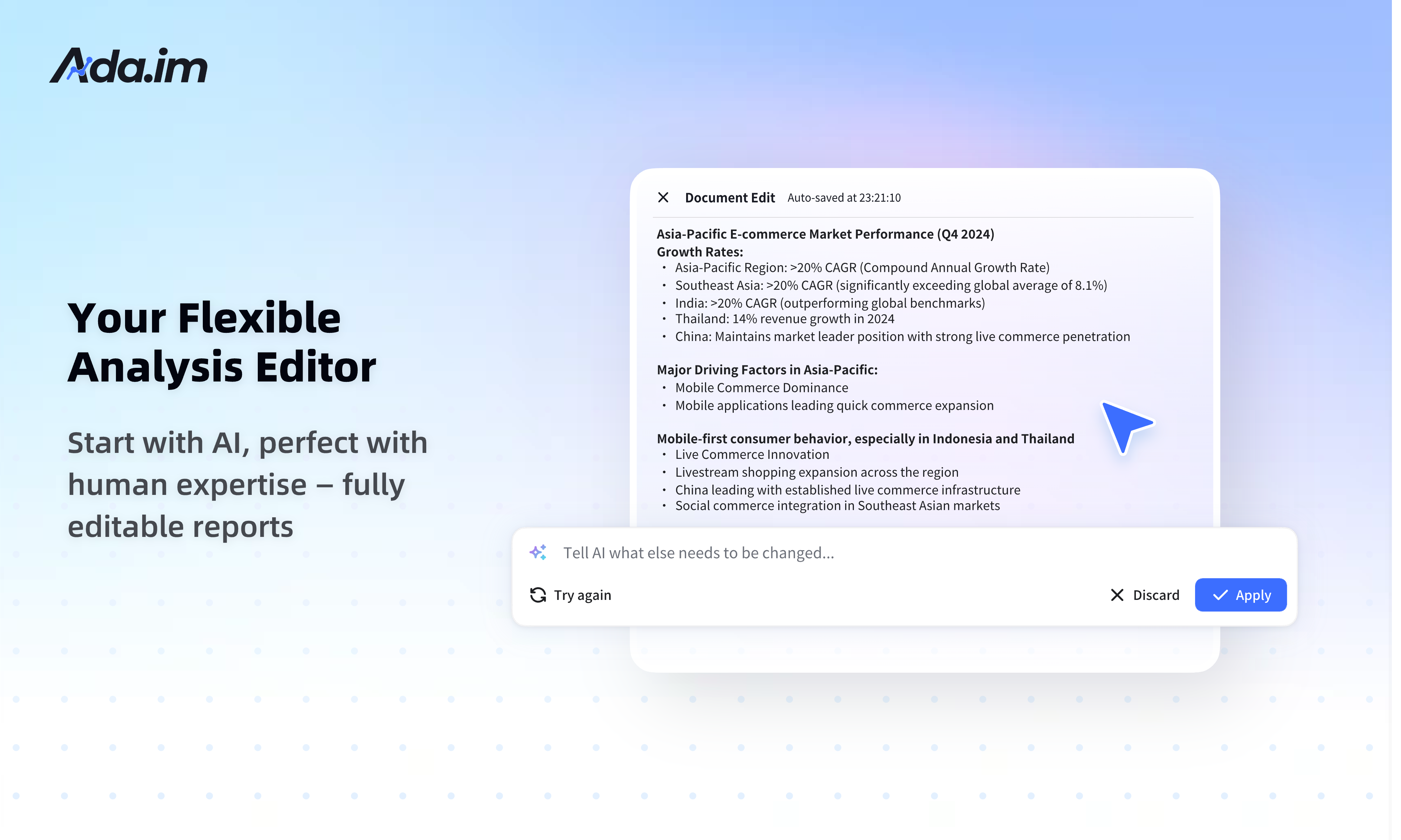 During the automated report generation, you can actively review, edit, and adjust the content. This enables a human-in-the-loop process, allowing for real-time collaboration and refinement to ensure the final document's accuracy and relevance. This approach seamlessly integrates human oversight with AI efficiency. During the automated report generation, you can actively review, edit, and adjust the content. This enables a human-in-the-loop process, allowing for real-time collaboration and refinement to ensure the final document's accuracy and relevance. This approach seamlessly integrates human oversight with AI efficiency.